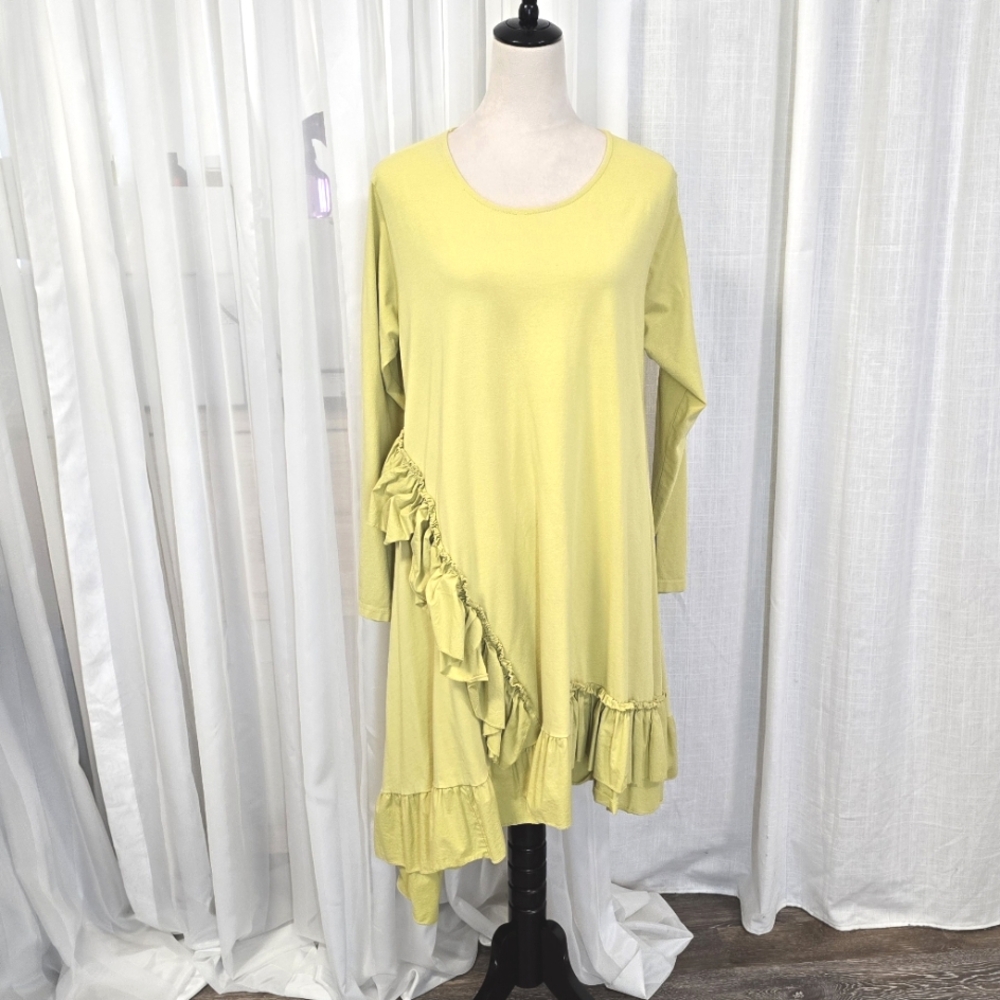 Chartreuse Asymmetrical Ruffle Cotton Mini Dress Size M Oversized‎ European